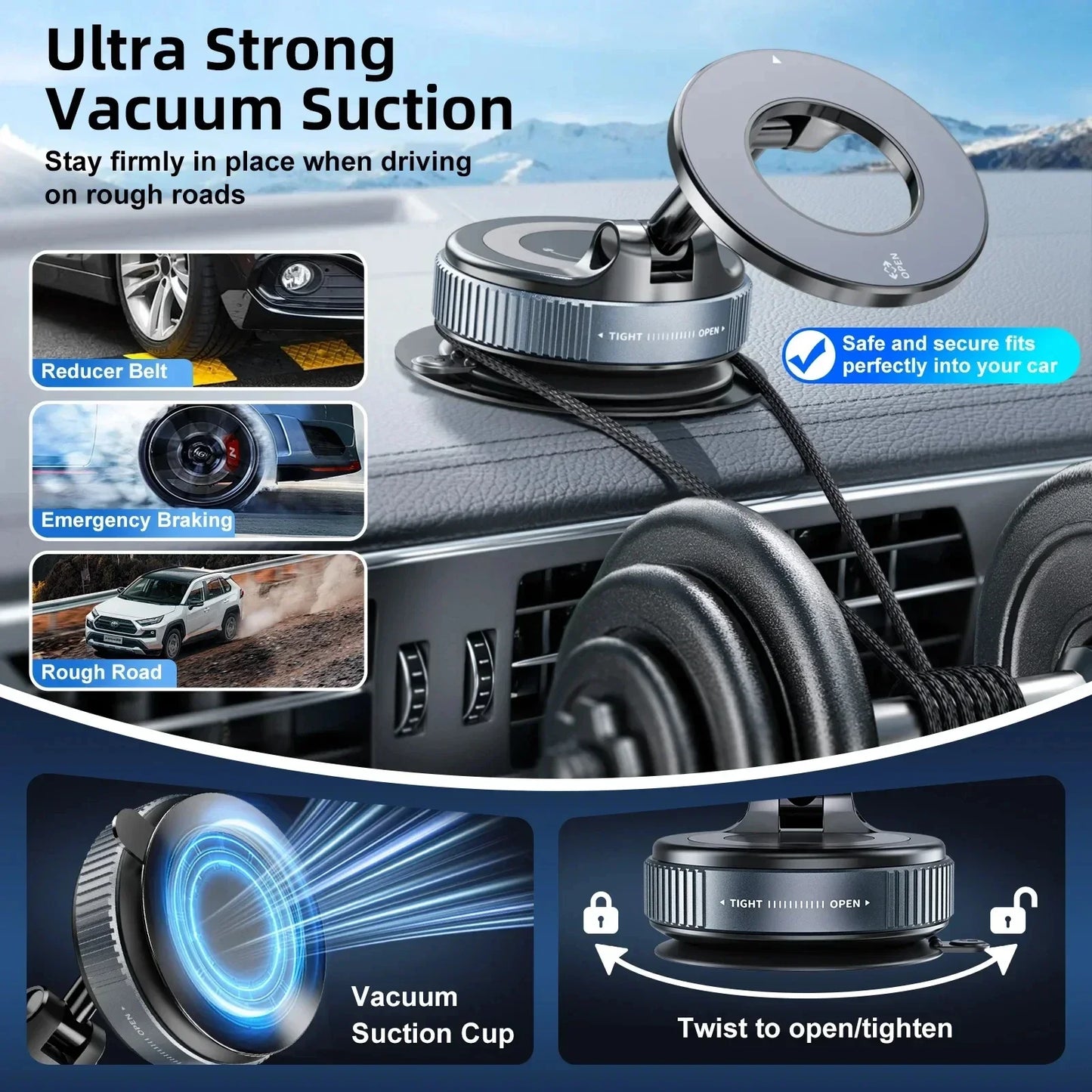 Strong Magnetic Phone Holder Foldable Design 360° Adjustable Vacuum Car Mount for Cell Phone for Iphone Live Streaming